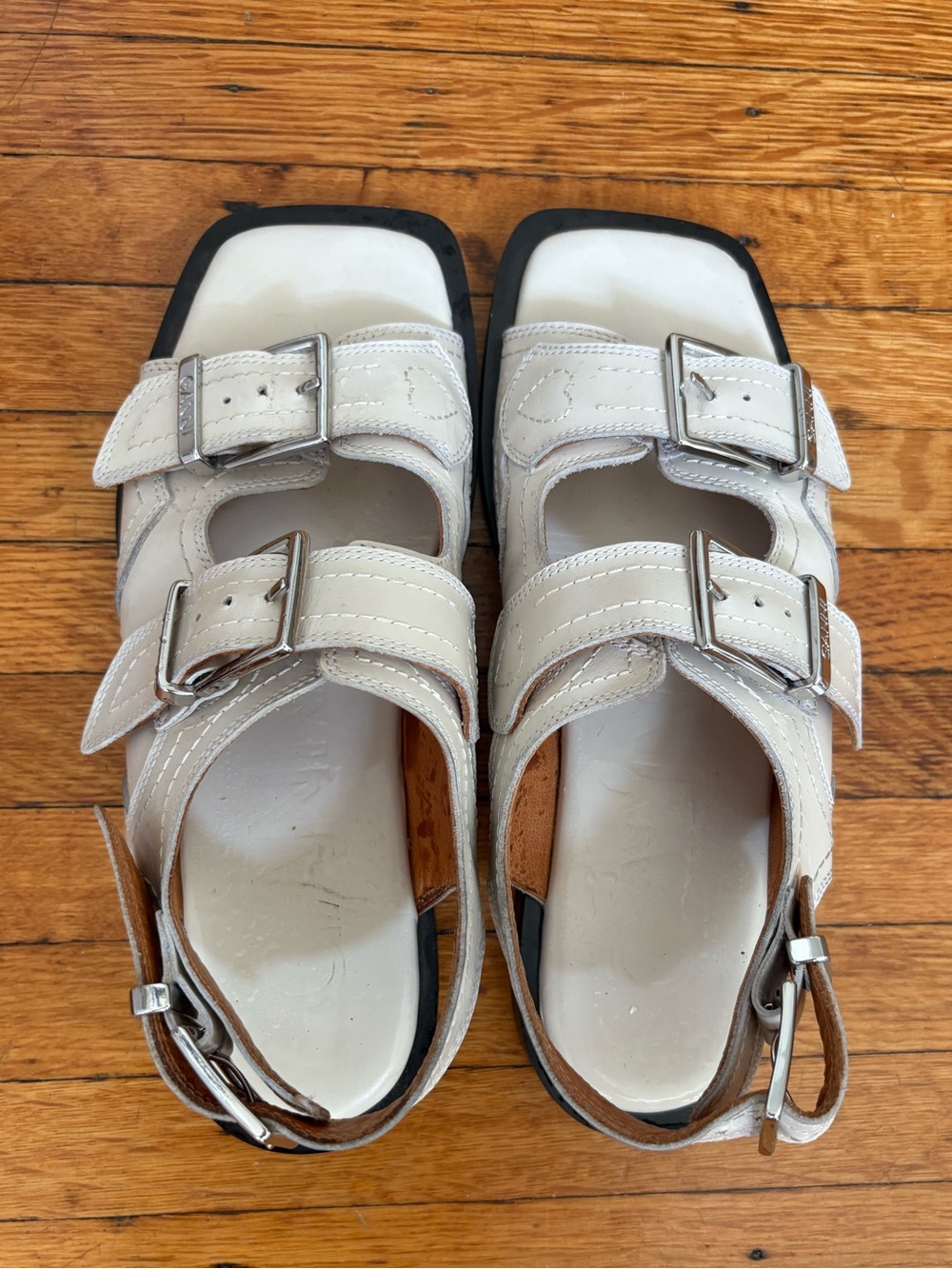 Ganni Embroidered Western Leather Sandal in Egret